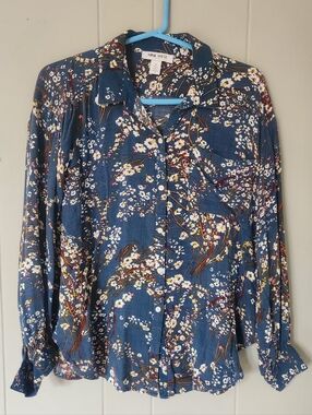 Nine West Navy Floral Button-Down Blouse